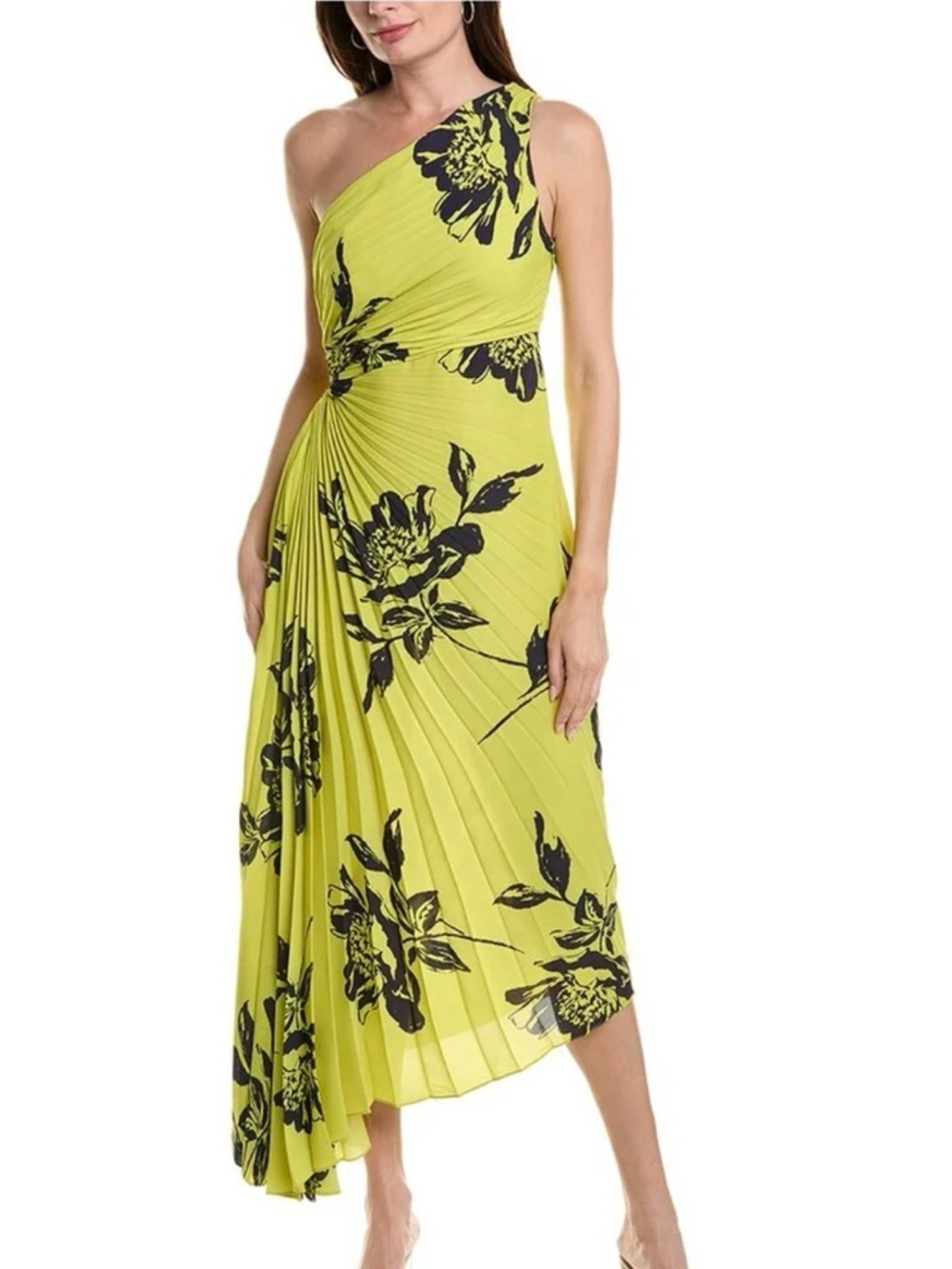 Nicole Miller Lime One-Shoulder Floral Pleated Midi Dress